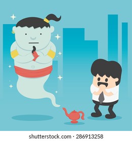 Business man with genie in magic lamp