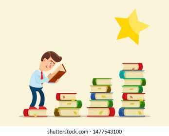 Business man get new knowledges and moving to goal. Learning and education is key to success. Hard way to success. Business vector illustration, flat design cartoon style. Isolated background. 