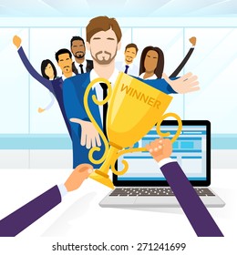 Business Man Get Prize Winner Cup, Businesspeople Group Team Leader Flat Vector Illustration