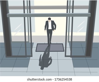 Business Man Gets To Work. Man Entering The Office Building. Vector Illustration Of Office With Sliding Doors.