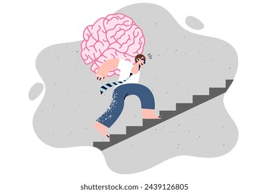 Business man with giant brain in hands is climbing up career ladder, for concept of advanced training courses. Smart guy, corporate manager, develops own knowledge and skills to climb career ladder