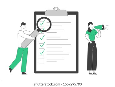 Business Man with Giant Magnifying Glass Watch on Marked Checklist on Clipboard Paper. Woman Yelling to Megaphone. Successful Completion of Business Tasks. Cartoon Flat Vector Illustration, Line Art