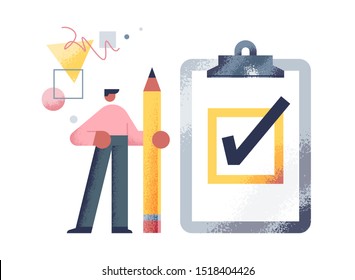 Business man with a giant pencil in his hand nearby marked checklist on a clipboard paper on an abstract background. Successful completion of business tasks. Flat textured vector illustration.