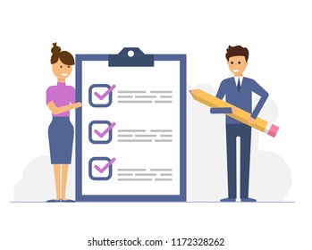 business man with a giant pencil marked checklist on a clipboard, vector illustration