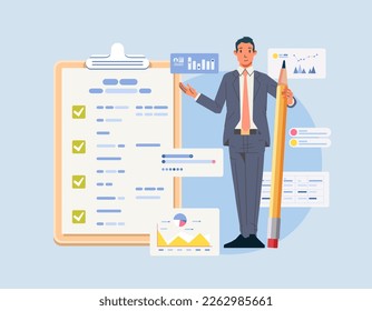 Business man with giant pencil near marked checklist on clipboard paper Successful completion of tasks chart and graph Flat vector illustration