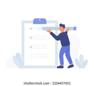 Business man with a giant pencil on his hands nearby marked checklist on a clipboard paper. Successful completion of business tasks. Modern hand drawn cartoon vector illustrations.