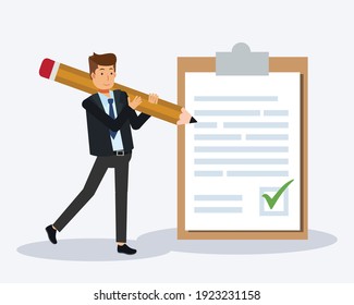  business man with a giant pencil on his shoulder nearby marked paper on a clipboard paper. Successful completion of business agreement. Flat vector illustration.