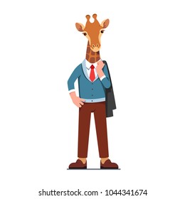 Business man with giraffe head standing with jacket over his shoulder. Giraffe animal head person character wearing clothes. Flat style vector illustration isolated on white background