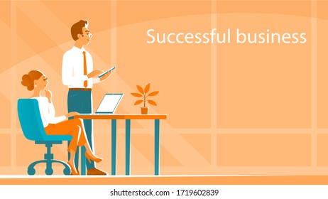 A business man and a girl are working in an office. He is standing with a tablet. She is sitting at a laptop. Think together ideas for success. Vector illustration with place for text.