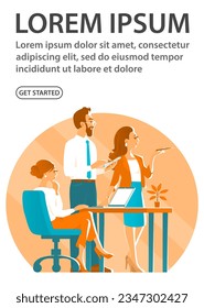Business man and girls working in office. On the table is a laptop. Team interaction. Successful business. Design for banner, poster, website. Vector illustration. White background