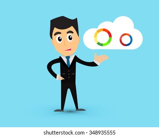 Business man give clouds and graph on blue background cartoon vector.