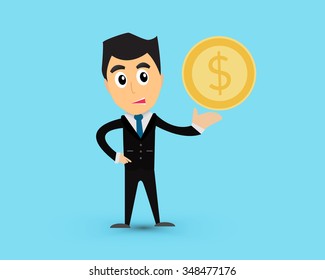 Business man give money on blue background cartoon vector. 