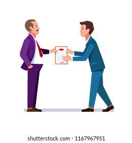 Business man giving appreciation certificate to young employee for achievement. Graduate person receiving qualification and education diploma. Flat vector illustration isolated on white