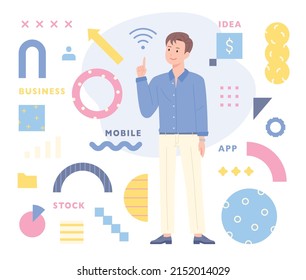 A business man is giving an explanation while standing among many shapes. flat design style vector illustration.