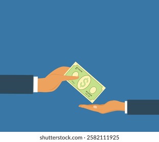 business man giving financial reward , business extra salary to company employee, male worker office hand received premium bonus, getting.