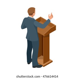 Business man giving a presentation in a conference or meeting setting. Orator speaking from tribune vector illustration.