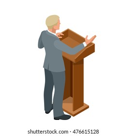 Business man giving a presentation in a conference or meeting setting. Orator speaking from tribune vector illustration.