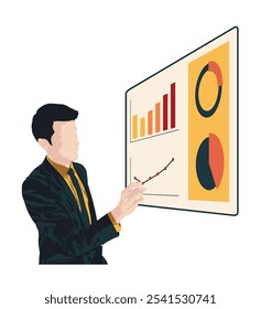 Business man giving a presentation with graphs and charts. Simple minimal vector illustration.