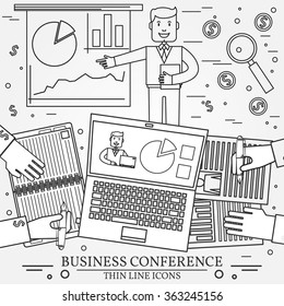 Business man giving a presentation. Thin line icon. 