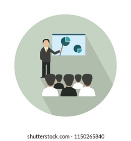 Business Man Giving A Speech Showing Sales Statistics Graphs On Presentation Screen. Flat Style Color Modern Vector Illustration