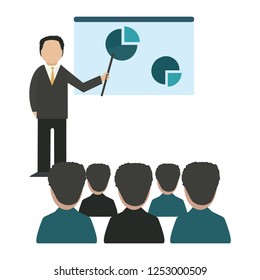 Business Man Giving A Speech Showing Sales Statistics Graphs On Presentation Screen. Flat Style Color Modern Vector Illustration