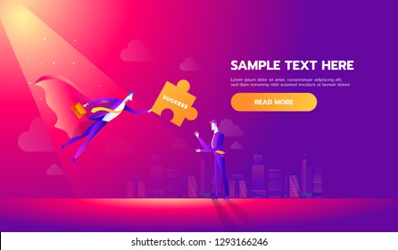 Business man giving success jigsaw puzzle pieces. Business metaphor of a joint venture, partnership or teamwork. Flat style vector illustration.