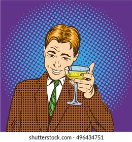 Business man with glass of champagne celebrates closed deal. Cheers and party concept vector illustration in retro pop art comic style.