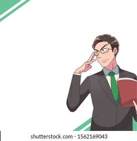 A business man with glasses is confident. He stares into the distance. Along with a space for text.
