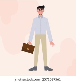 A Business Man with Glasses Flat Character Standing Holding A Bag