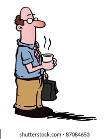 Business man with glasses having a cup of coffee and carrying a suitcase.