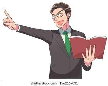 Business man with glasses are smiling. He points far away.