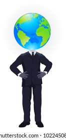 A business man with a globe for a head. Business concept for looking at the big picture or global strategic planning