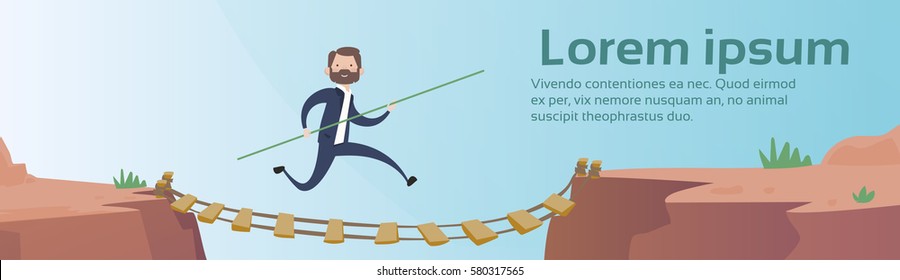 Business Man Go Dangerous Mountain Road Rope Bridge Risk Concept Flat Vector Illustration