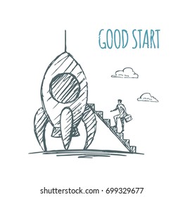 Business man goes up the stairs to the rocket. Good start. Vector business concept hand drawn sketch.