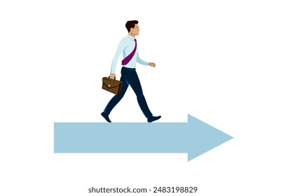 Business man going ahead to his goal with shown direction, vector illustration of a young man business dressed walking straight towards to his aim with hint, career concept.