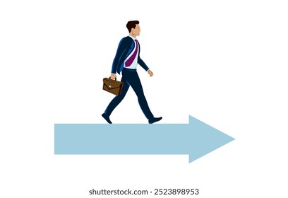 Business man going ahead to his goal with shown direction, vector illustration of a young man business dressed walking straight towards to his aim with hint, career concept.