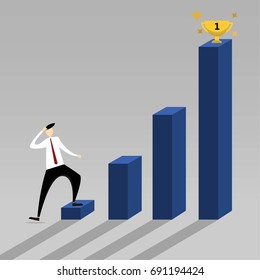 business man going up on graph bar to reach trophy.
vector illustrator cartoon flat style concept.