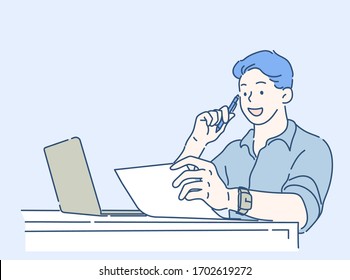 Business man going through paperwork at home office, he is concentrating and thinking for ideas. Work form home concept. Hand drawn in thin line style, vector illustrations.