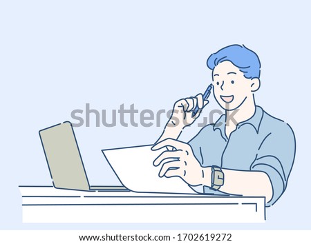 Business man going through paperwork at home office, he is concentrating and thinking for ideas. Work form home concept. Hand drawn in thin line style, vector illustrations.
