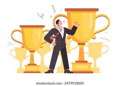 Business man with gold award cups received for victories in professional competitions and competitions. Businessman who has successfully completed task is proud of receiving award cup from boss