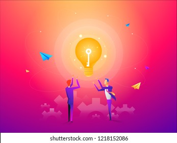 Business man with golden key help unlock idea bulb. Business idea, development and strategy concept. New business project start up concept