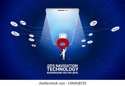 Business man and GPS pin marker location in mobile phone with circuit line graphic. concept of location and facility place , GPS technology