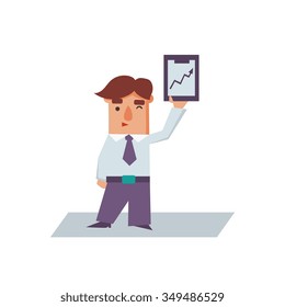 Business man with graph cartoon character flat vector illustration