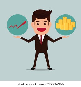Business man with graph and money stacks. Cartoon Vector Illustration.