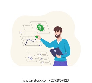 Business-man-Grafik-Markt-Analyse profitieren Strategie Entwicklung. Finanzprognosen, Trends prognostizieren Grafik wachsen, um Liste zu tun, prozentualer Dollar. Optimierungsflache Vektorgrafik des Diagrammmanagementplans