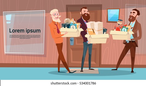 Business Man Group Hold Box With Office Stuff Recruitment New Job Position Vacancy Flat Vector Illustration