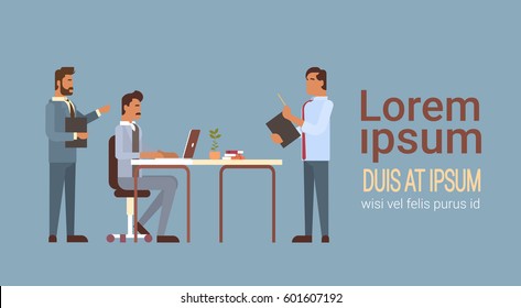 Business Man Group Meeting Discussing Office Desk Businesspeople Working Flat Vector Illustration