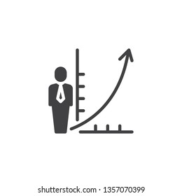 Business man and growing graph vector icon. filled flat sign for mobile concept and web design. Business chart presentation glyph icon. Symbol, logo illustration. Pixel perfect vector graphics