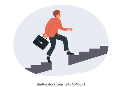 Business man grows professionally by climbing up stairs and overcoming obstacles from missing steps. Ambitious guy clerk, easily copes with problems that arise in business and career
