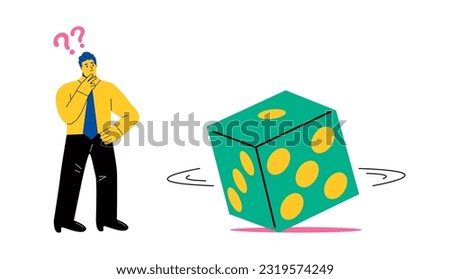 Business man guesses the number of dice. Uncertainty concept. Flat vector illustration isolated on white background
